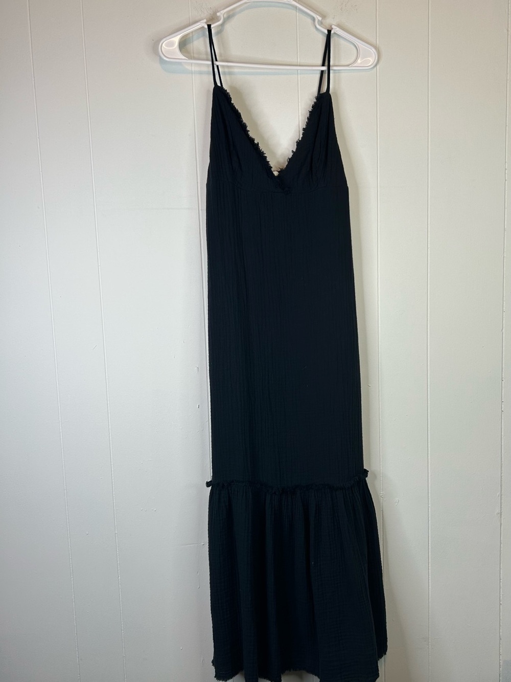 We Are Sundays Black Cotton Gauze Ruffle V Neck Tiered Maxi Dress XS 265